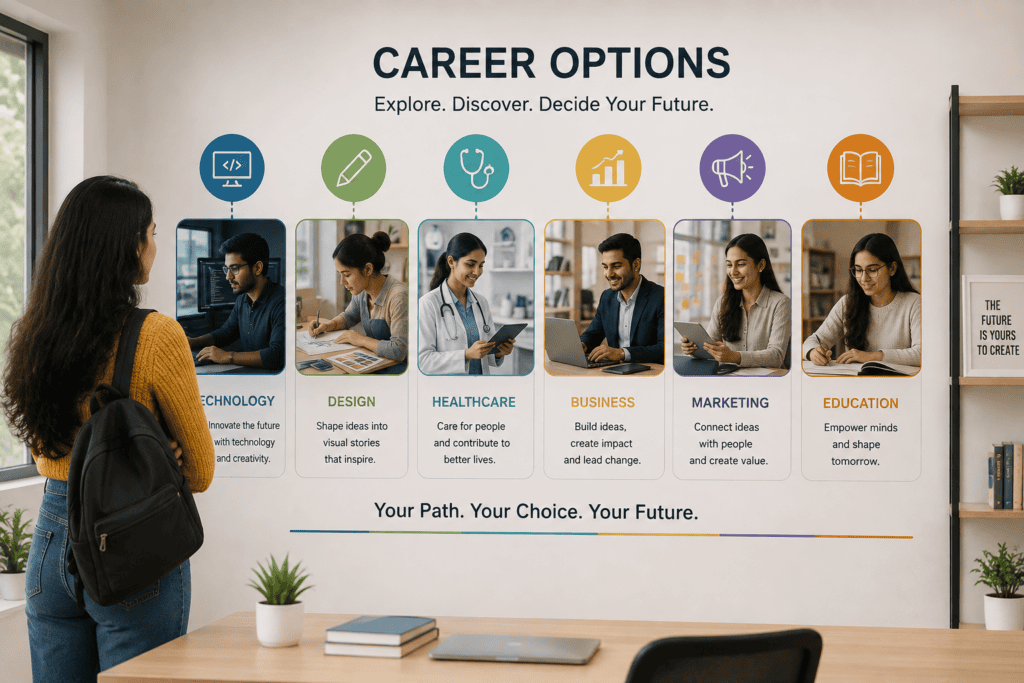 Top 5 Career Counsellors in Panjim for Expert Career Advice Student exploring different career options, including technology,design, healthcare,business,marketing and education.